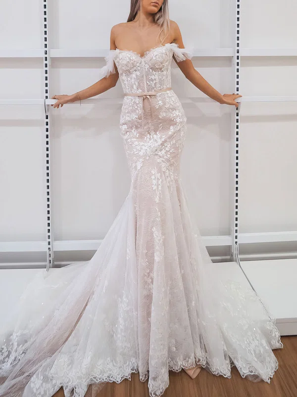 Trumpet/Mermaid Off-the-shoulder Lace Chapel Train Wedding Dress #Milly00028161