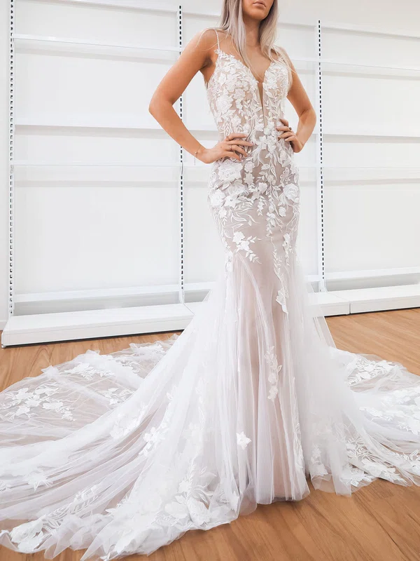 Trumpet/Mermaid V-neck Tulle Court Train Wedding Dress With Appliques Lace #Milly00028163