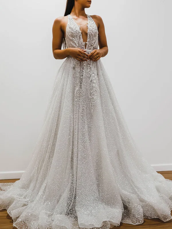 Ball Gown/Princess V-neck Glitter Court Train Wedding Dress With Appliques Lace #Milly00028164