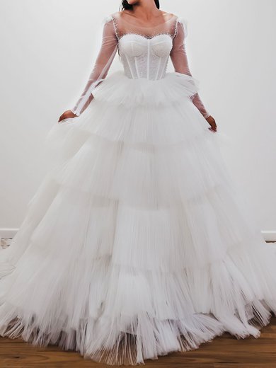 Ball Gown/Princess Illusion Tulle Court Train Wedding Dress With Tiered #Milly00028166