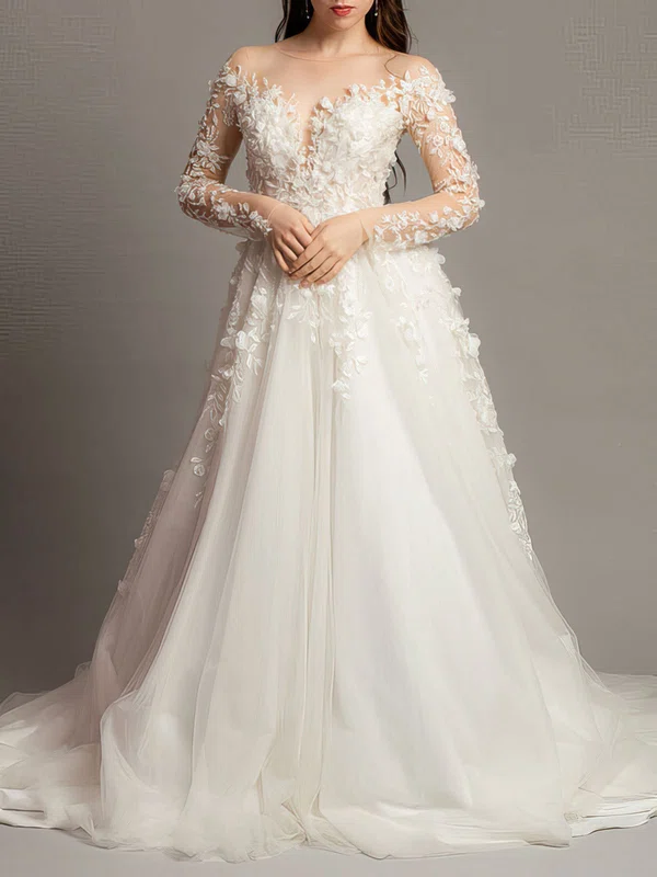 Ball Gown/Princess Illusion Tulle Court Train Wedding Dress With Appliques Lace #Milly00028167