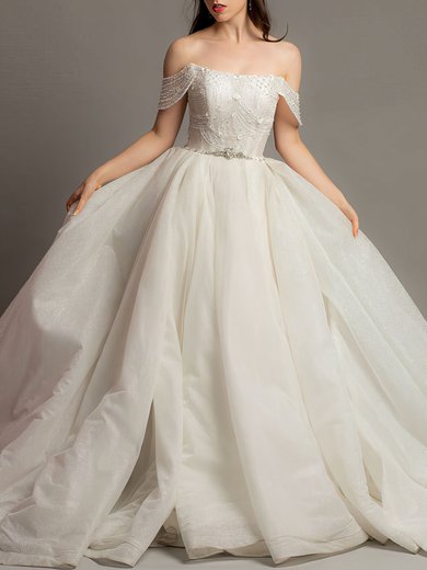 Ball Gown/Princess Off-the-shoulder Glitter Chapel Train Wedding Dress With Sequins #Milly00028168