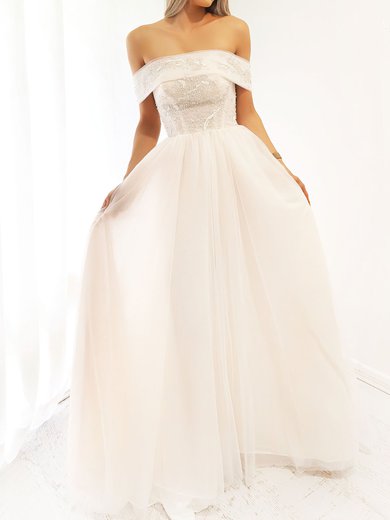 Ball Gown/Princess Off-the-shoulder Tulle Sweep Train Wedding Dress With Beading #Milly00028169