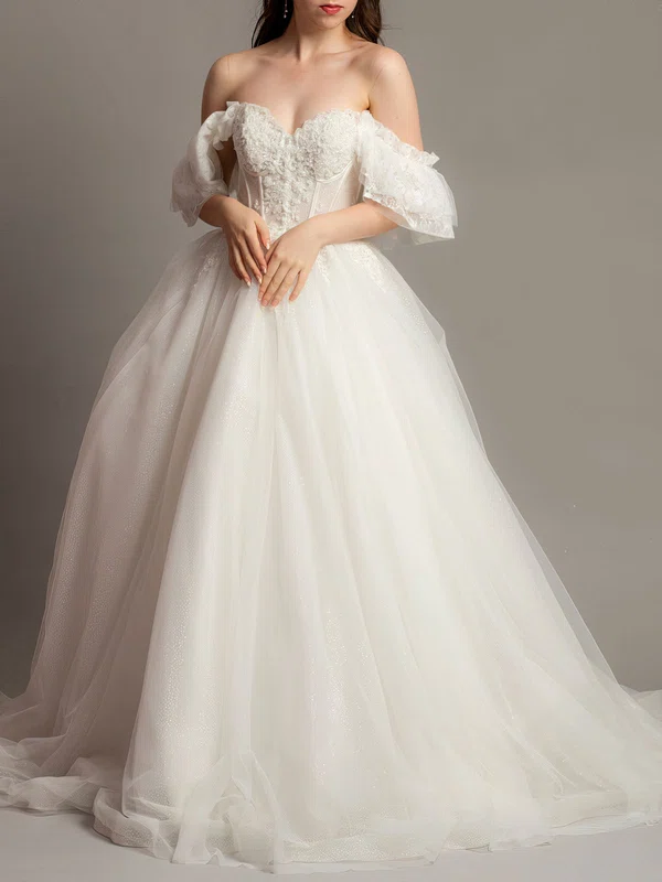 Ball Gown/Princess Off-the-shoulder Glitter Sweep Train Wedding Dress With Appliques Lace #Milly00028171