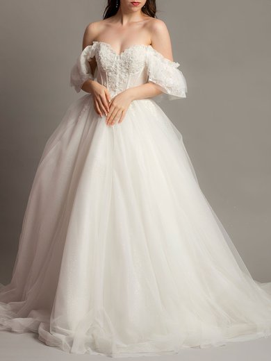 Ball Gown/Princess Off-the-shoulder Glitter Sweep Train Wedding Dress With Appliques Lace #Milly00028171