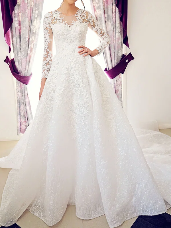 Ball Gown/Princess Illusion Glitter Lace Chapel Train Wedding Dress With Beading #Milly00028176