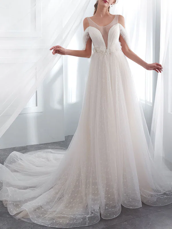 Ball Gown/Princess Illusion Tulle Court Train Wedding Dress With Feathers #Milly00028194