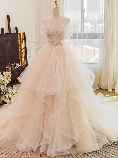 Ball Gown/Princess Off-the-shoulder Tulle Chapel Train Wedding Dress With Appliques Lace #Milly00028198