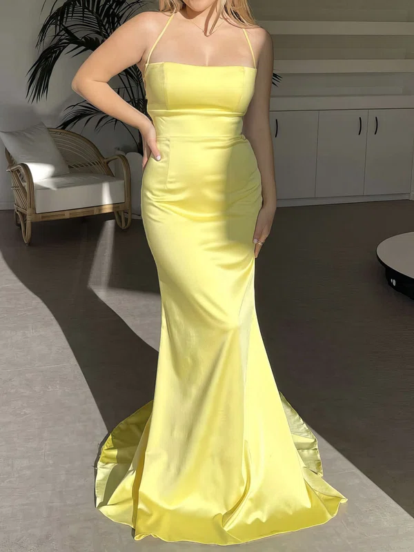Sheath/Column Square Neckline Satin Sweep Train Prom Dress #Milly020122274