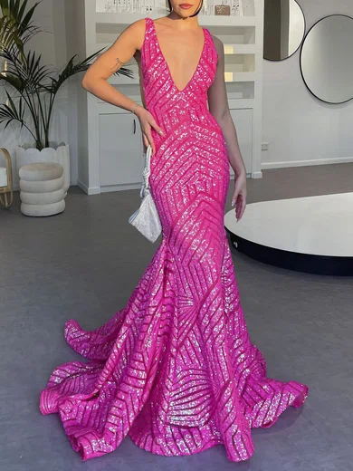 Mermaid V-neck Backless Sparkly Sequin Prom Dresses #Milly020122293