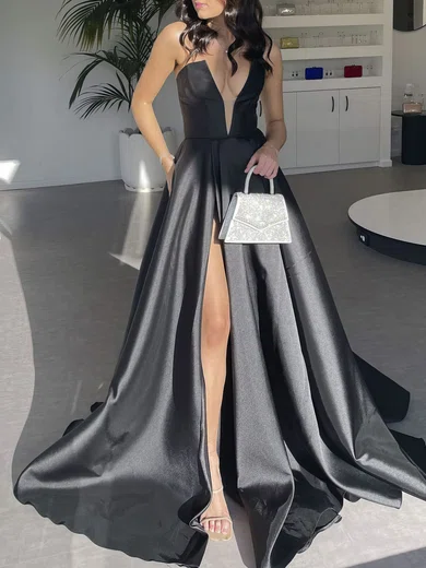 Black Ball Gown Strapless Satin Prom Dresses With Ruched #Milly020122301
