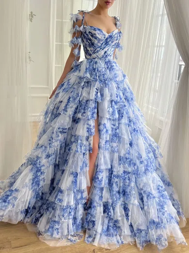 Ball Gown V-neck Tulle Tiered Prom Dresses With Floral #Milly020122303