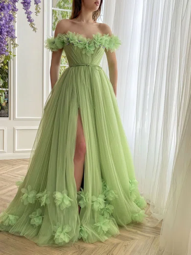 Ball Gown Off-the-shoulder Tulle 3D Floral Prom Dresses With Ruched #Milly020122304