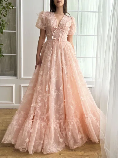 Ball Gown V-neck Puff Sleeve Tulle Floral Prom Dresses With Butterfly #Milly020122307