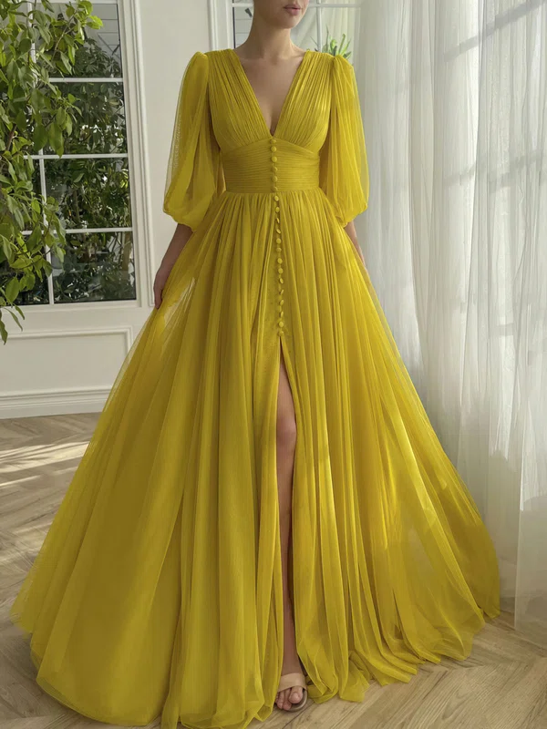 Ball Gown V-neck Tulle Prom Dresses With Sleeves #Milly020122308