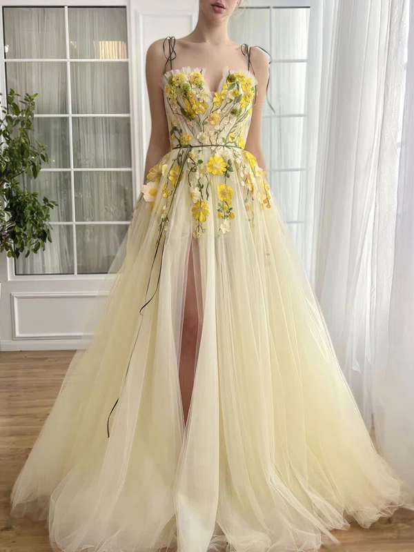 Ball Gown/Princess Square Neckline Tulle Sweep Train Prom Dress With Flower(s) #Milly020122312
