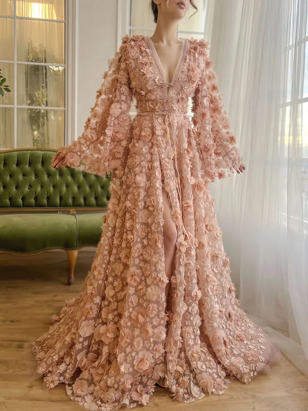 Ball Gown/Princess V-neck Tulle Sweep Train Prom Dress With Flower(s) #Milly020122317