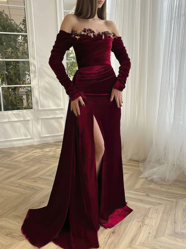Sheath/Column Off-the-shoulder Velvet Sweep Train Prom Dress With Flower(s) #Milly020122321