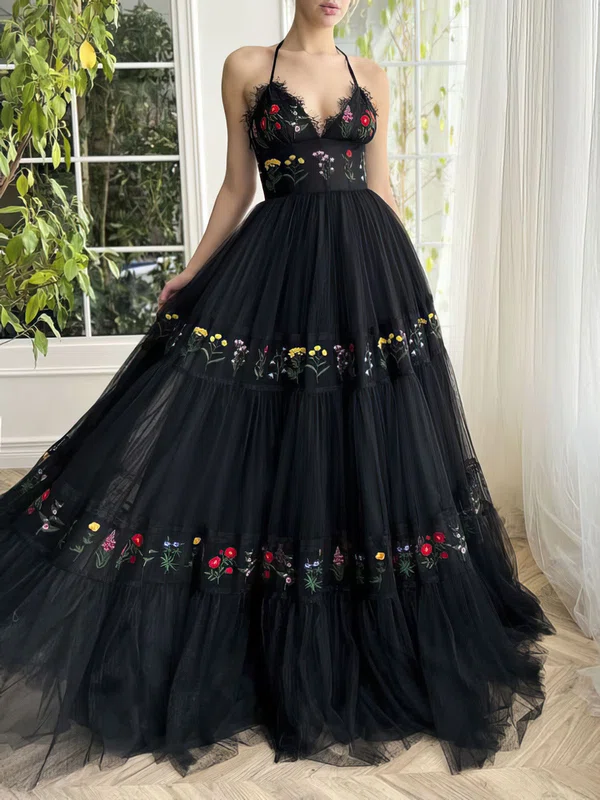 Black Ball Gown Halter Ruched Tulle Prom Dresses With Floral #Milly020122326