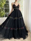 Black Ball Gown Halter Ruched Tulle Prom Dresses With Floral #Milly020122326