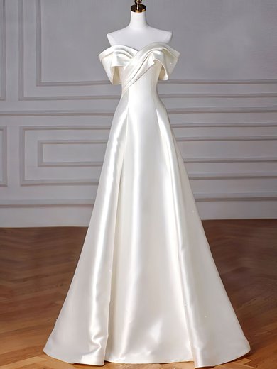 Ball Gown/Princess Off-the-shoulder Satin Sweep Train Wedding Dress With Ruched #Milly00028231