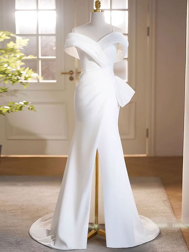 Trumpet/Mermaid Off-the-shoulder Stretch Crepe Sweep Train Wedding Dress With Split Front #Milly00028243