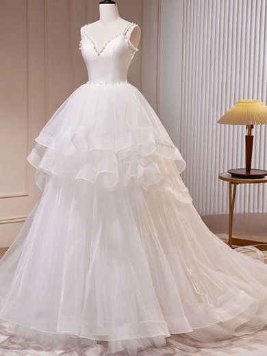 Ball Gown/Princess V-neck Tulle Floor-length Wedding Dress With Pearl Detailing #Milly00028248