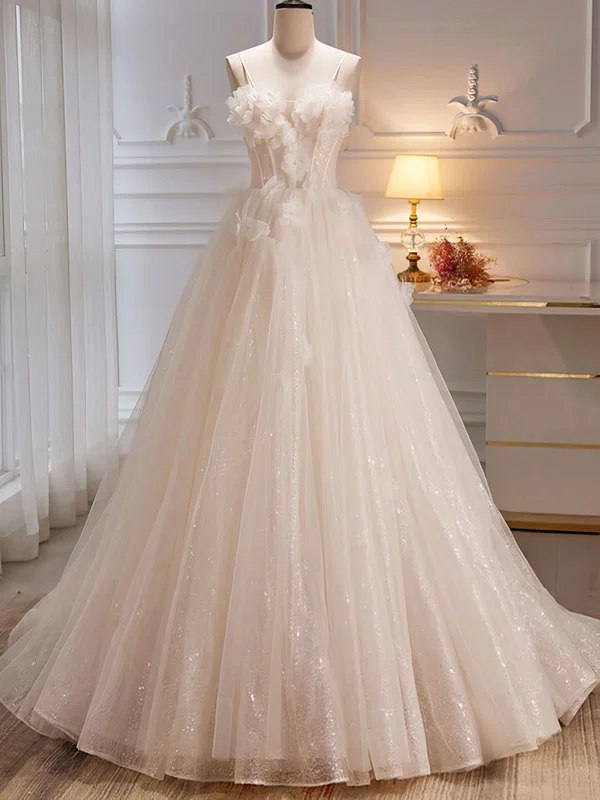 Ball Gown/Princess Sweetheart Glitter Tulle Sweep Train Wedding Dress With Pearl Detailing #Milly00028249