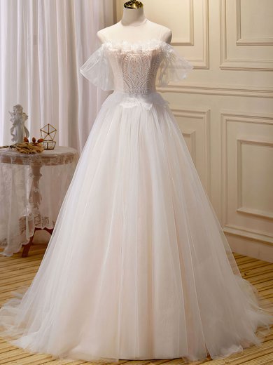 Ball Gown/Princess Off-the-shoulder Tulle Sweep Train Wedding Dress With Lace #Milly00028254