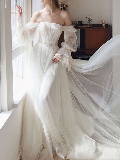 Ball Gown/Princess Off-the-shoulder Tulle Sweep Train Wedding Dress With Pearl Detailing #Milly00028263