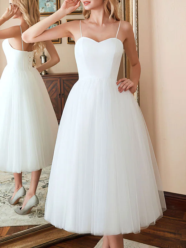 Ball Gown/Princess Sweetheart Satin Tulle Tea-length Wedding Dress #Milly00028272