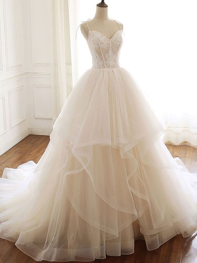 Ball Gown/Princess V-neck Tulle Court Train Wedding Dress With Lace #Milly00028275