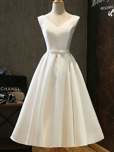 Ball Gown/Princess V-neck Satin Tea-length Wedding Dress #Milly00028280