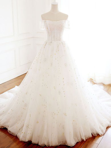 Ball Gown/Princess Off-the-shoulder Tulle Court Train Wedding Dress #Milly00028281