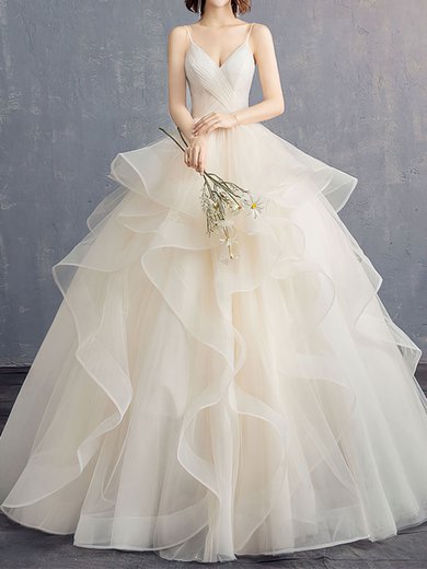 Ball Gown/Princess V-neck Tulle Floor-length Wedding Dress With Ruched #Milly00028287