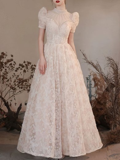 Ball Gown/Princess High Neck Lace Floor-length Wedding Dress With Sequins #Milly00028291