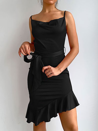 Elegant Black Fitted Satin Ruffle Homecoming Dresses #Milly02053795