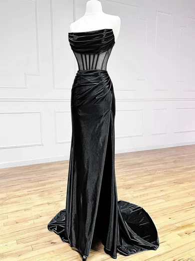 Black Sheath/Column Strapless Satin Corset Prom Dresses With Ruched #Milly020122494