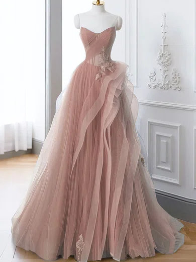 Princess V-neck Tulle Ruffle Prom Dresses With Appliques #Milly020122517
