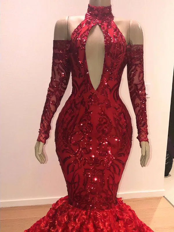 Mermaid High Neck Cut Out Sparkly Sequin Prom Dresses With Floral #Milly020122868