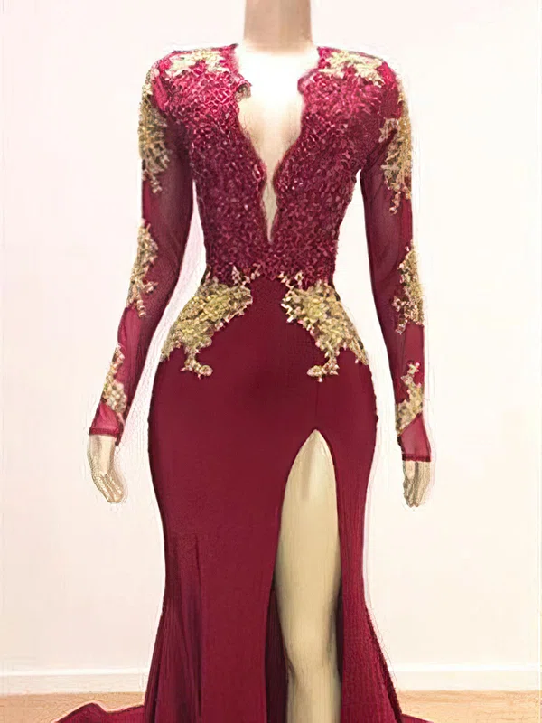 Trumpet/Mermaid V-neck Jersey Court Train Prom Dress With Appliques Lace #Milly020122869