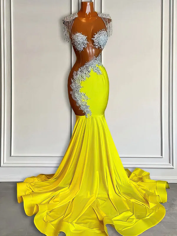 Trumpet/Mermaid Illusion Jersey Court Train Prom Dress With Tassels #Milly020122878