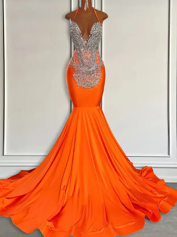 Trumpet/Mermaid Halter Jersey Sweep Train Prom Dress With Beading #Milly020122880