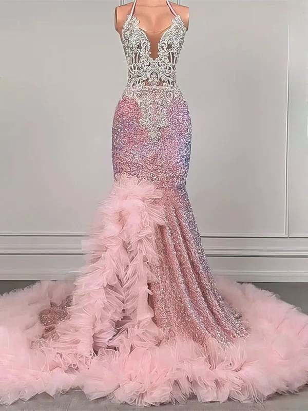 Trumpet/Mermaid Halter Velvet Sequin Court Train Prom Dress With Cascading Ruffles #Milly020122884