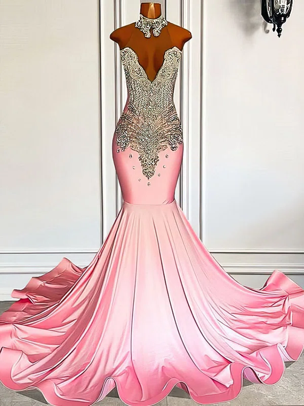 Trumpet/Mermaid High Neck Jersey Sweep Train Prom Dress With Beading #Milly020122891