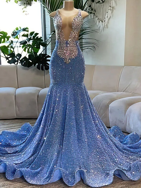 Trumpet/Mermaid Illusion Velvet Sequin Sweep Train Prom Dress With Beading #Milly020122893