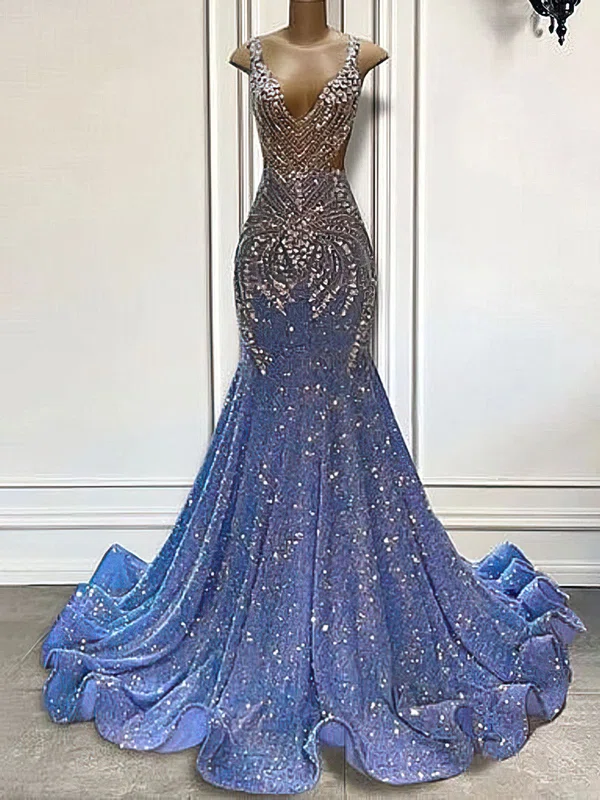 Trumpet/Mermaid V-neck Velvet Sequin Sweep Train Prom Dress With Beading #Milly020122894