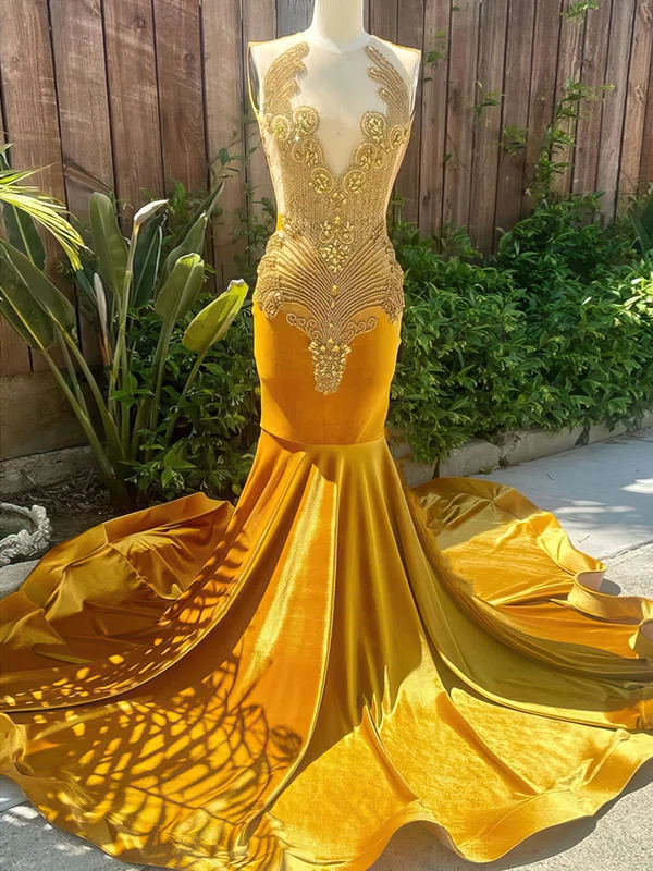 Trumpet/Mermaid Illusion Velvet Court Train Prom Dress With Appliques Lace #Milly020122896