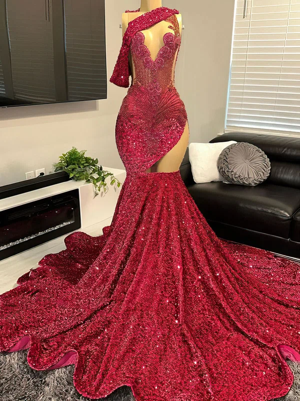 Trumpet/Mermaid Asymmetrical Neck Velvet Sequin Court Train Prom Dress With Beading #Milly020122899