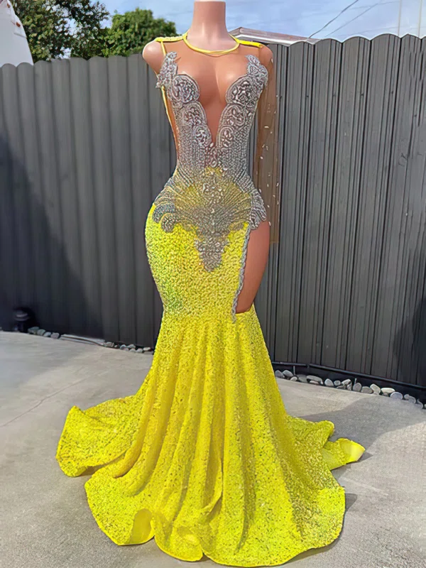 Mermaid Illusion Sparkly Velvet Sequin Prom Dresses With Beading #Milly020122901